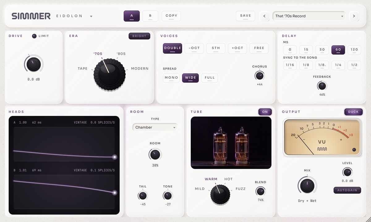 The Eidolon plug-in: Drive, Era, Voices, Delay, Heads display, Room, Tube and Output sections